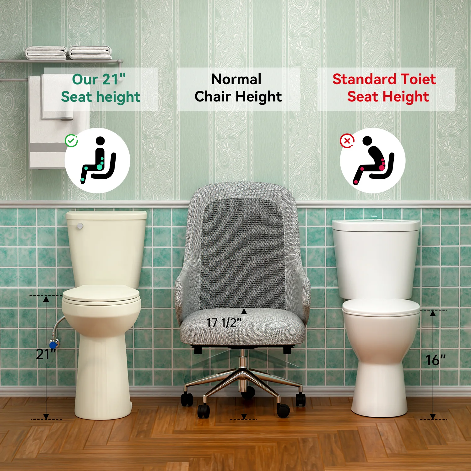 ELEMAZ 21" Extra Tall Toilet | ADA Height Toilet | Elongated Bone Toilet - Image 3