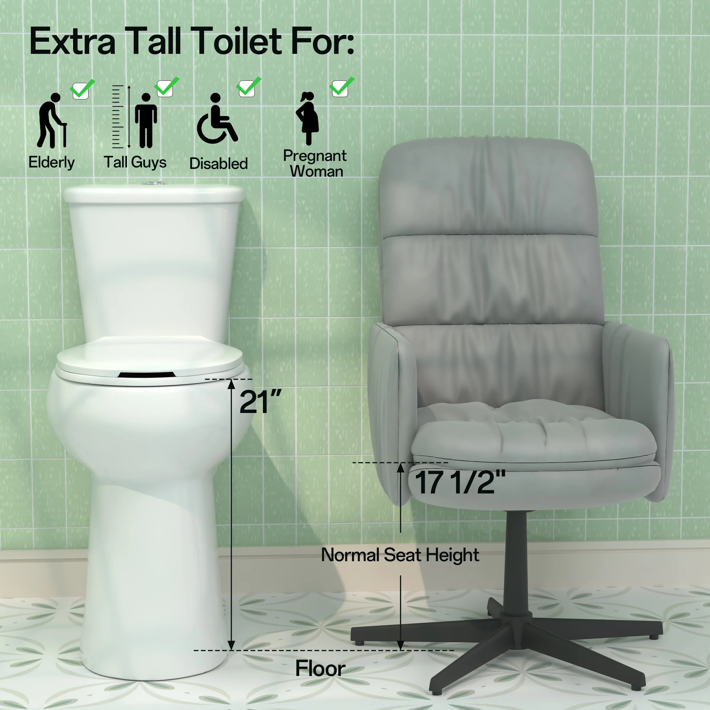 ELEMAZ 21" Extra Tall Toilet | ADA Height Toilet Dual Flush - Image 7