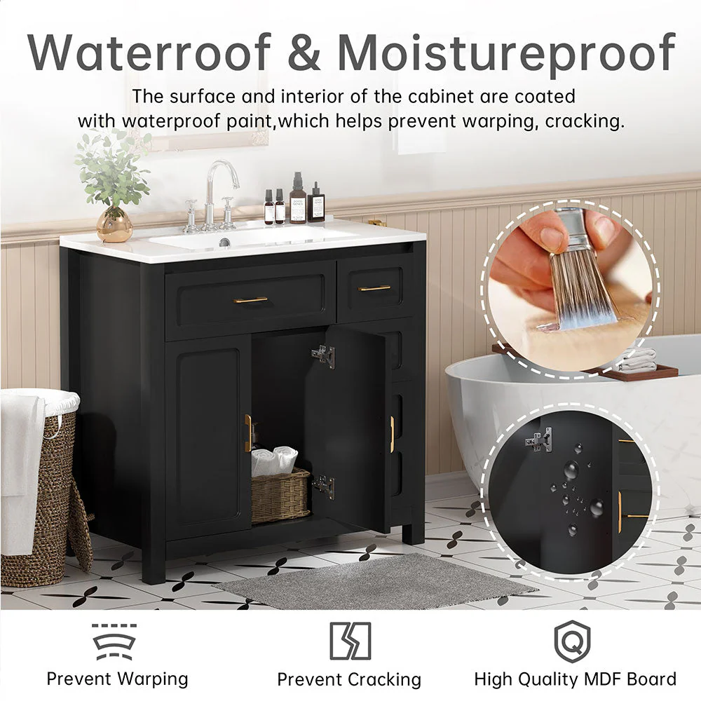 Sigsoul 30 Inch Bathroom Vanity | Black Freestanding Cabinet with Sharp Corner Ceramic Sink - Image 3