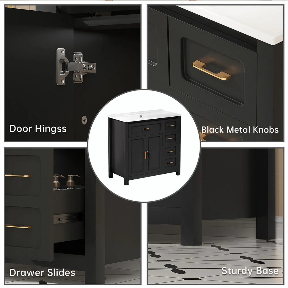 Sigsoul 30 Inch Bathroom Vanity | Black Freestanding Cabinet with Sharp Corner Ceramic Sink - Image 4