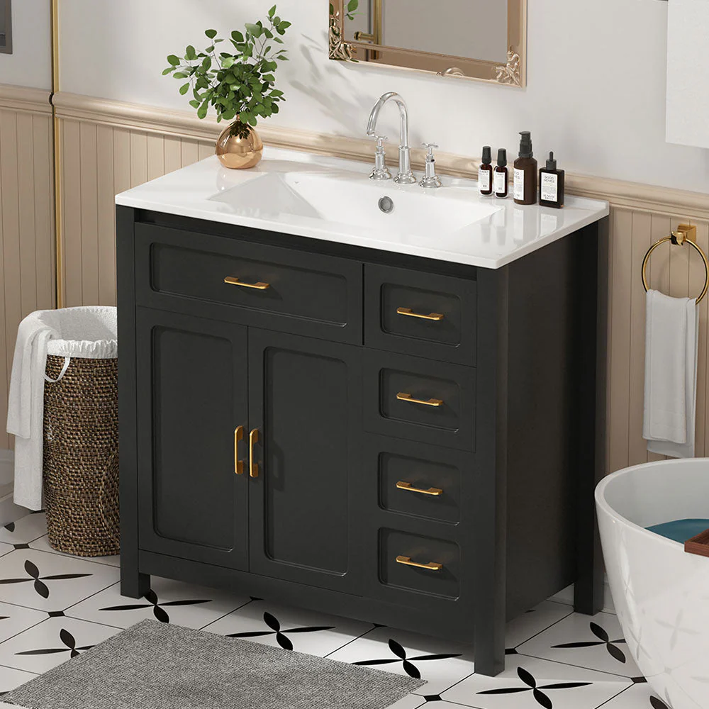 Sigsoul 30 Inch Bathroom Vanity | Black Freestanding Cabinet with Sharp Corner Ceramic Sink - Image 6