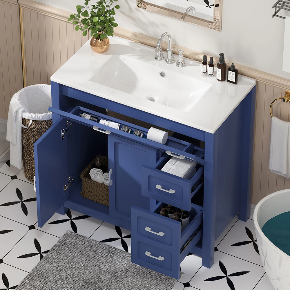 Sigsoul 30 Inch Bathroom Vanity | Blue Freestanding Cabinet with Sharp Corner Ceramic Sink - Image 2