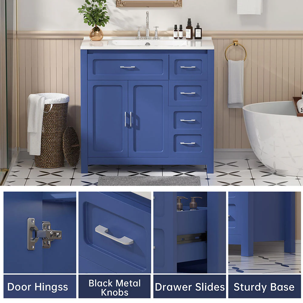Sigsoul 30 Inch Bathroom Vanity | Blue Freestanding Cabinet with Sharp Corner Ceramic Sink - Image 3