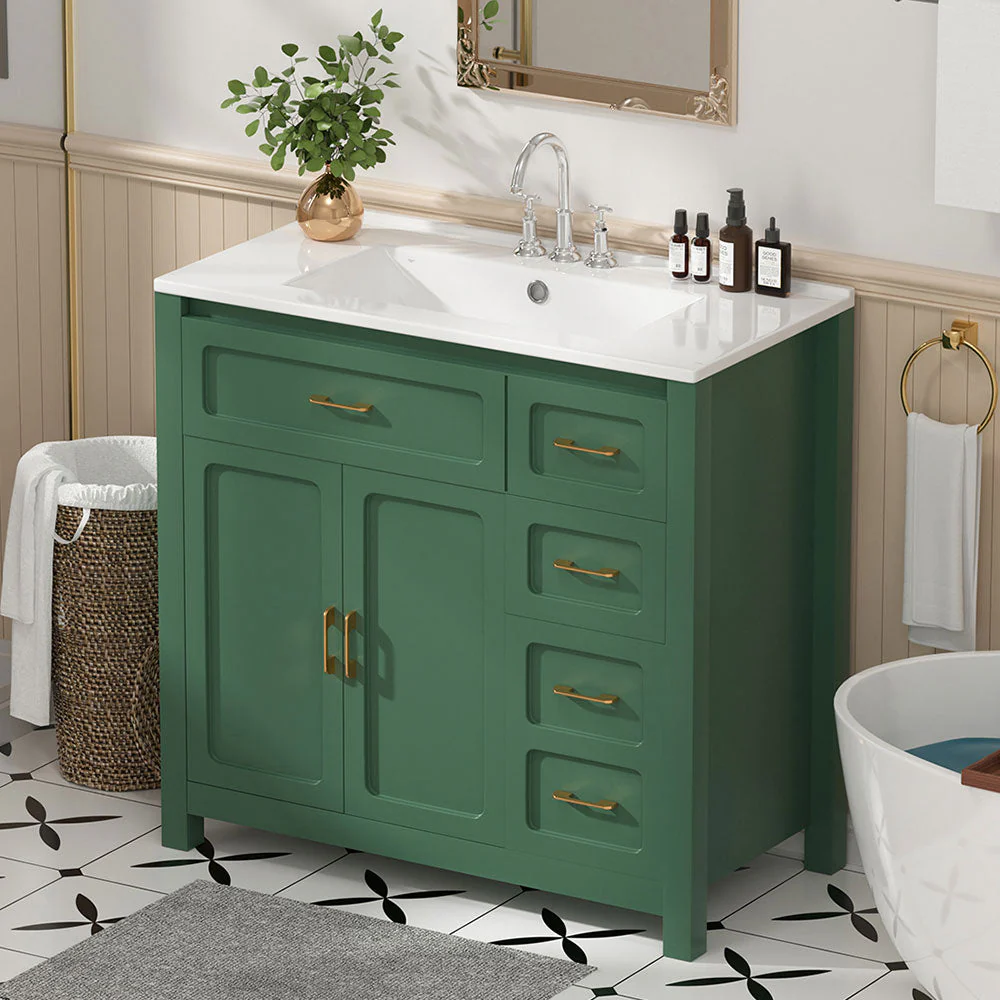 Sigsoul 30 Inch Bathroom Vanity | Green Freestanding Cabinet with Sharp Corner Ceramic Sink - Image 3