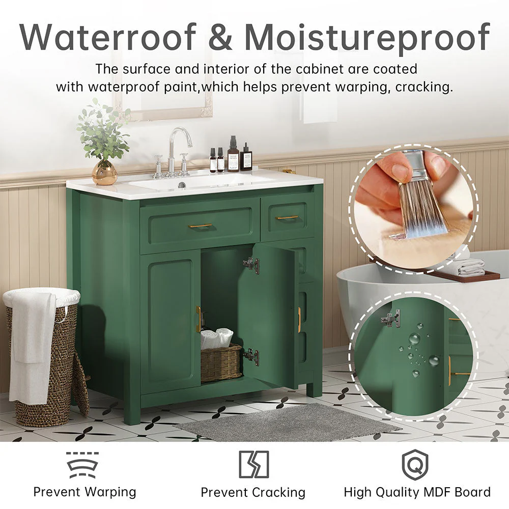 Sigsoul 30 Inch Bathroom Vanity | Green Freestanding Cabinet with Sharp Corner Ceramic Sink - Image 4