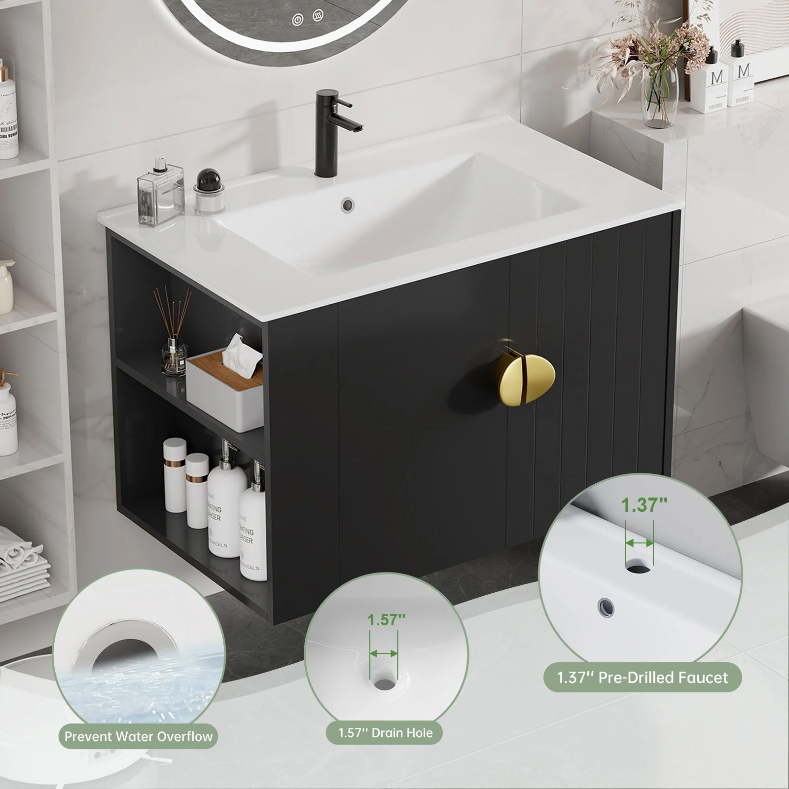 Sigsoul 30 Inch Floating Bathroom Vanity | 3-Hole Sink & Black Left-Side Open Shelving - Image 5