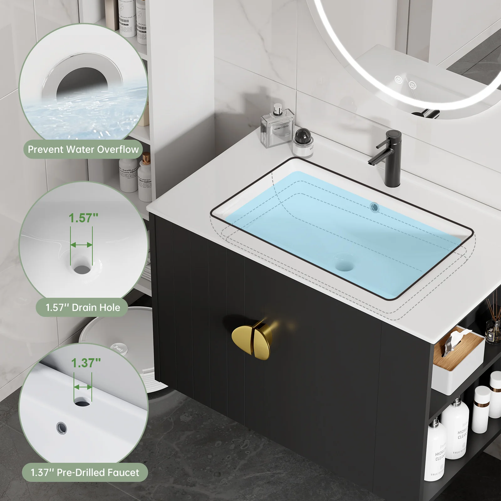 Sigsoul 30 Inch Floating Bathroom Vanity | Black - Image 3