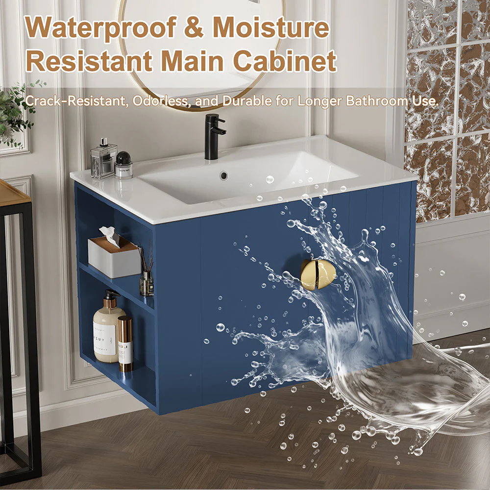 Sigsoul 30 Inch Floating Bathroom Vanity | 3-Hole Sink & Blue Left-Side Open Shelving - Image 4