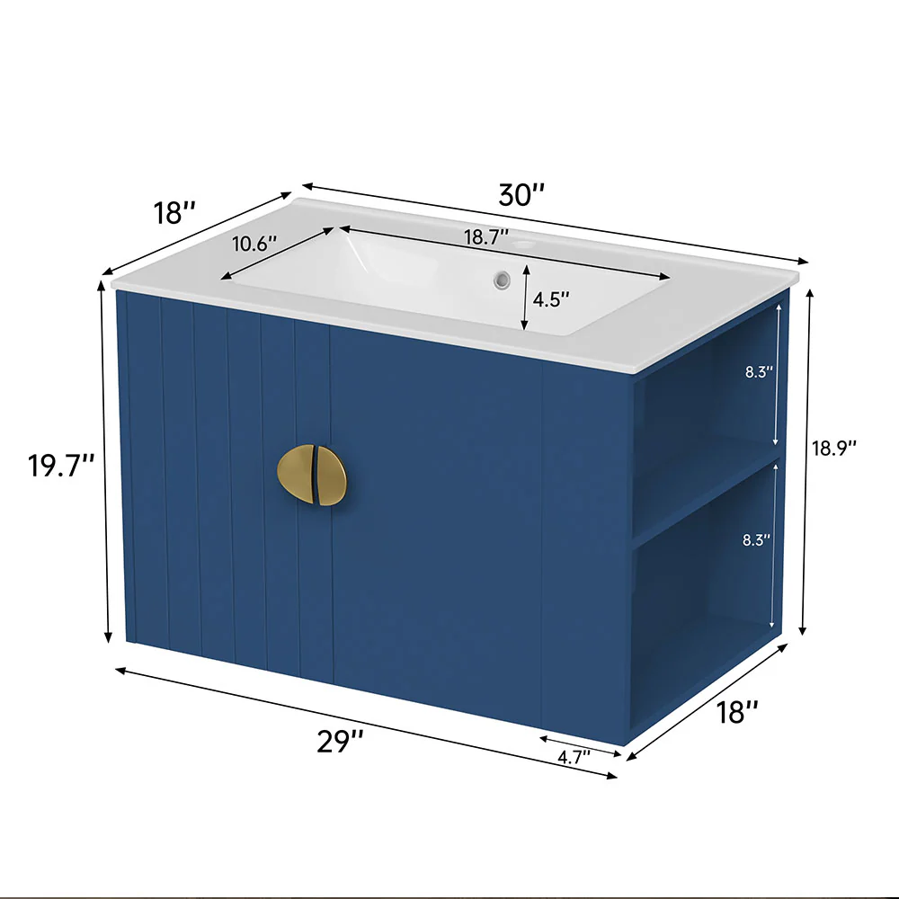 Sigsoul 30 Inch Floating Bathroom Vanity | 3-Hole Sink & Blue Right-Side Open Shelving - Image 5
