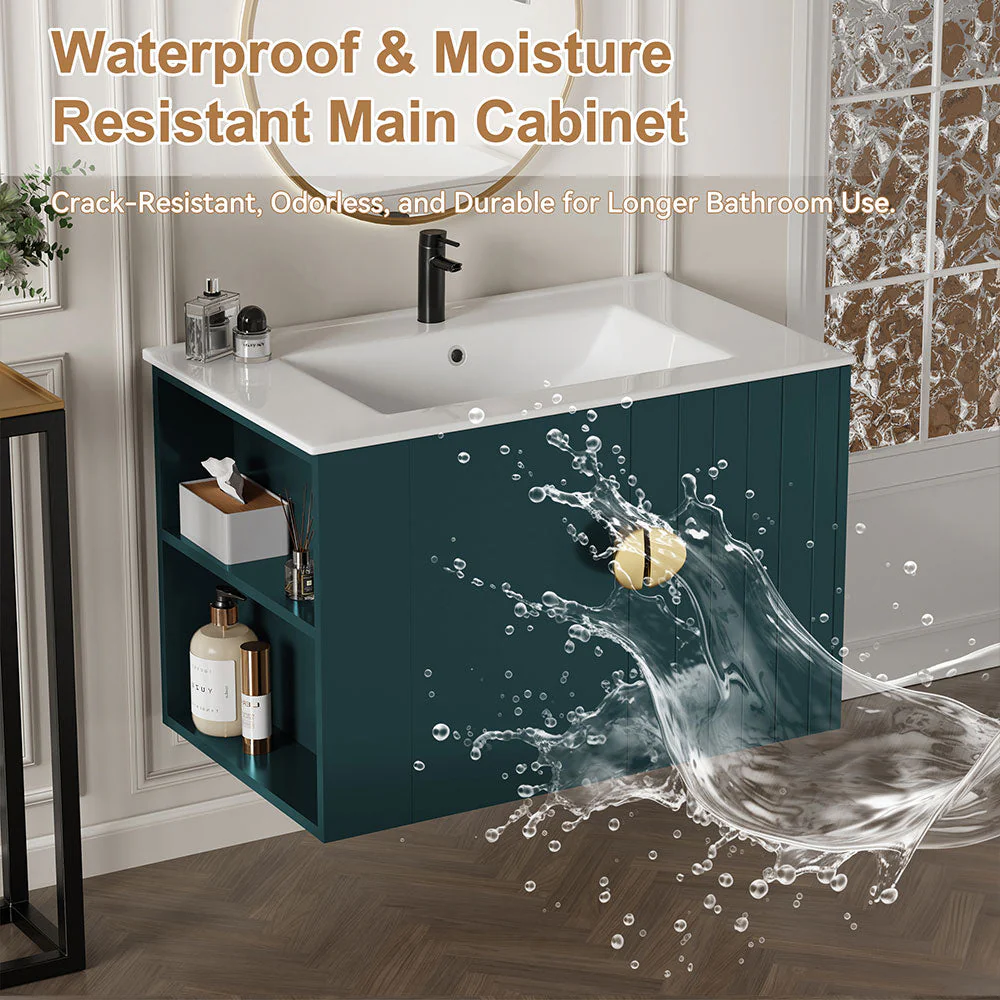 Sigsoul 30 Inch Floating Bathroom Vanity | 3-Hole Sink & Green Left-Side Open Shelving - Image 4
