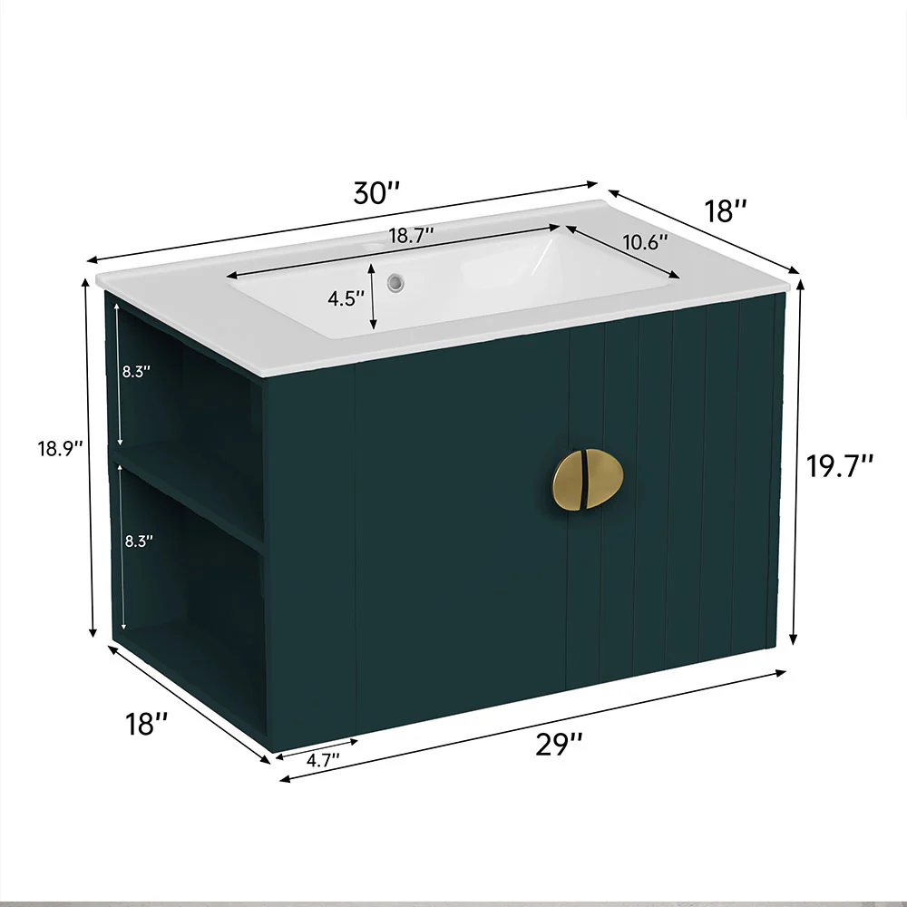 Sigsoul 30 Inch Floating Bathroom Vanity | 3-Hole Sink & Green Left-Side Open Shelving - Image 5