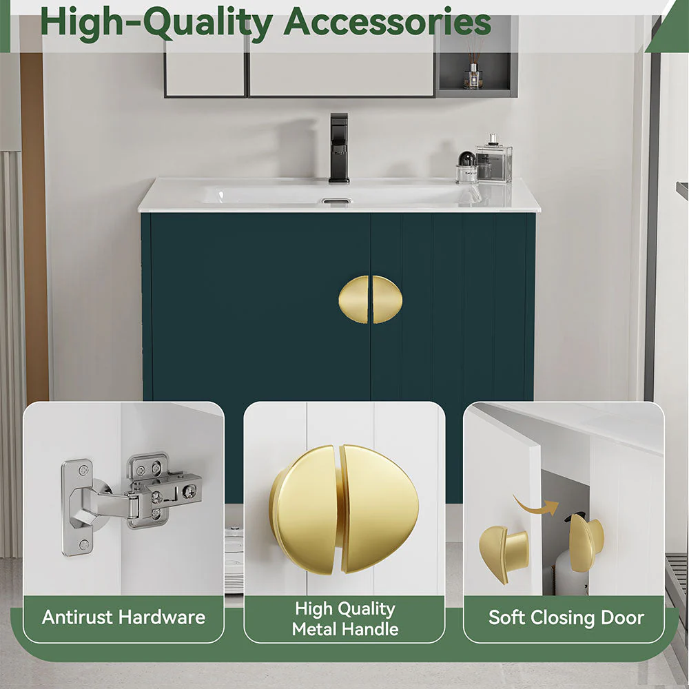 Sigsoul 30 Inch Floating Bathroom Vanity | 3-Hole Sink & Green Right-Side Open Shelving - Image 3