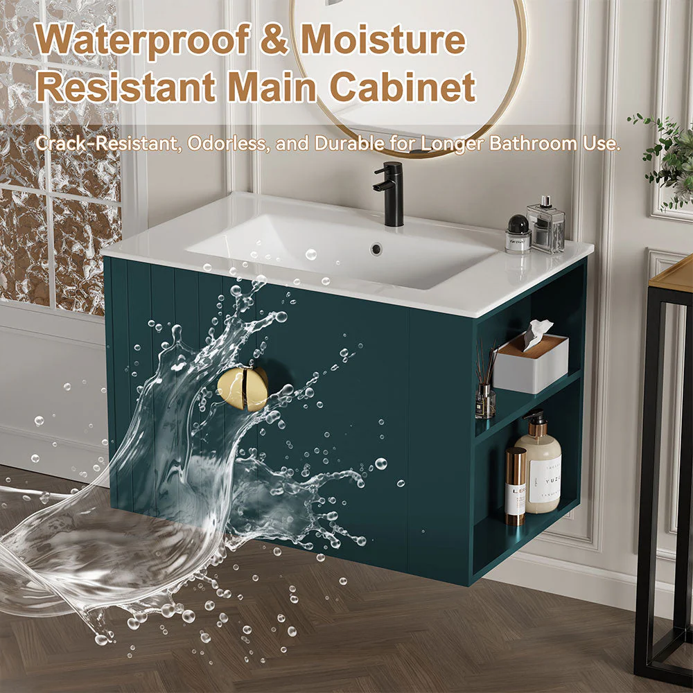 Sigsoul 30 Inch Floating Bathroom Vanity | 3-Hole Sink & Green Right-Side Open Shelving - Image 4