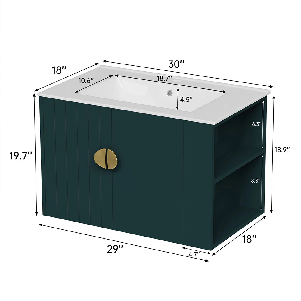 Sigsoul 30 Inch Floating Bathroom Vanity | 3-Hole Sink & Green Right-Side Open Shelving - Image 5