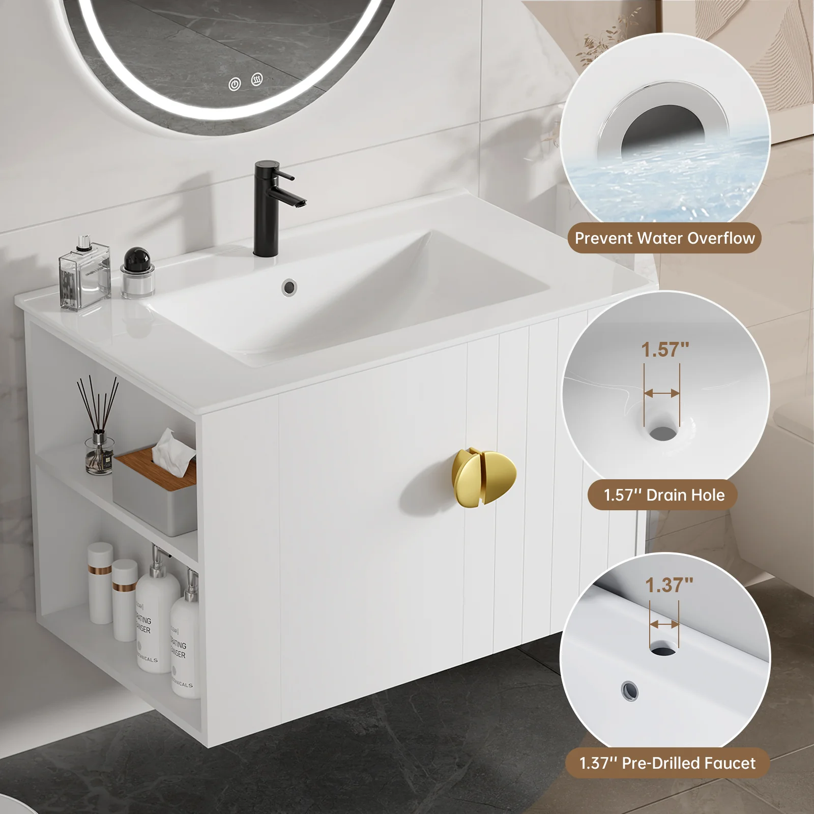 Sigsoul 30 inch Floating Bathroom Vanity | 3-Hole Sink & Left-Side Open Shelving - Image 5