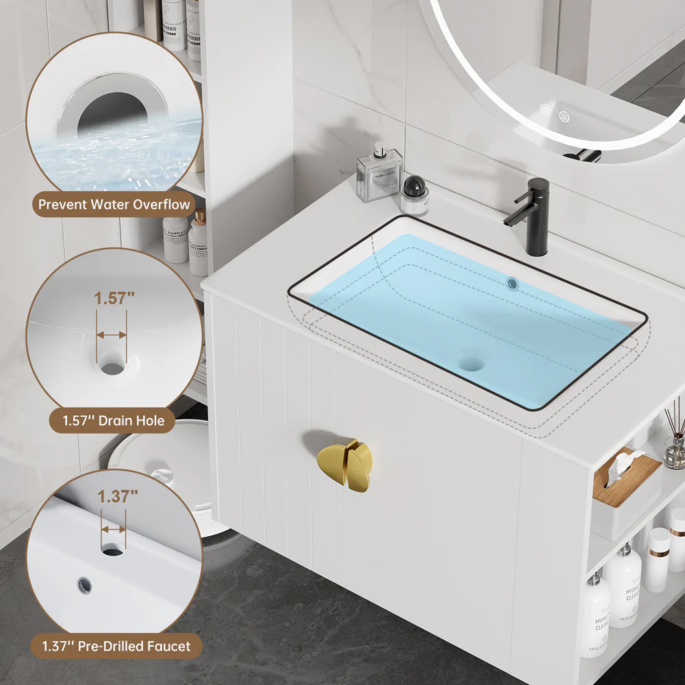 Sigsoul 30 inch Floating Bathroom Vanity | 3-Hole Sink & Right-Side Open Shelving - Image 4