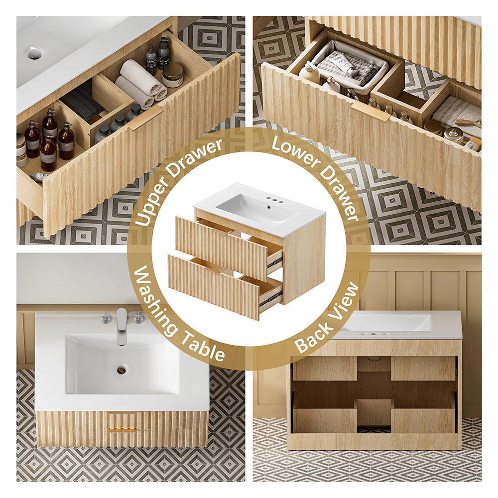 Sigsoul 30 Inch Floating Vanity | Oak Modern Line Bathroom Cabinet - Image 5