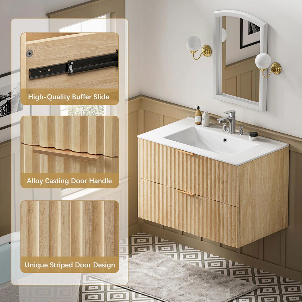 Sigsoul 30 Inch Floating Vanity | Oak Modern Line Bathroom Cabinet - Image 6