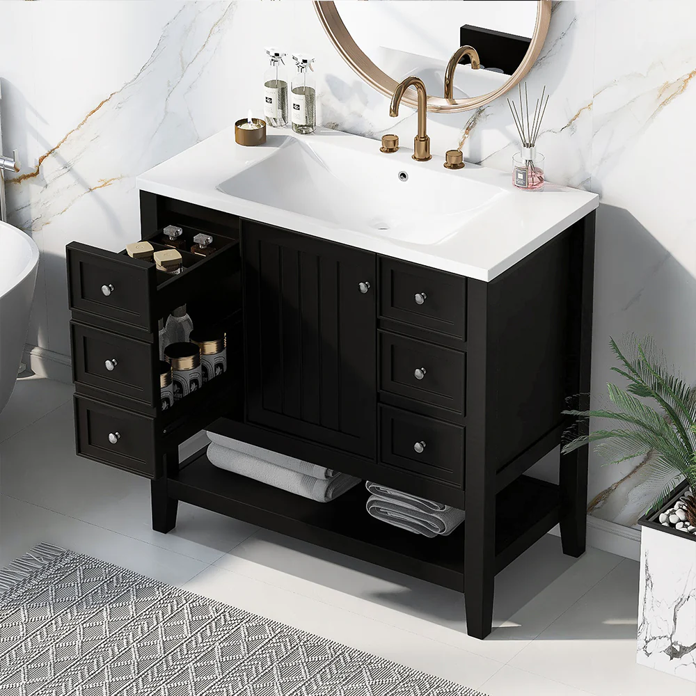 Sigsoul 36 Inch Bathroom Vanity Black | 3 Drawers 1 Door 1 Shelf - Image 10