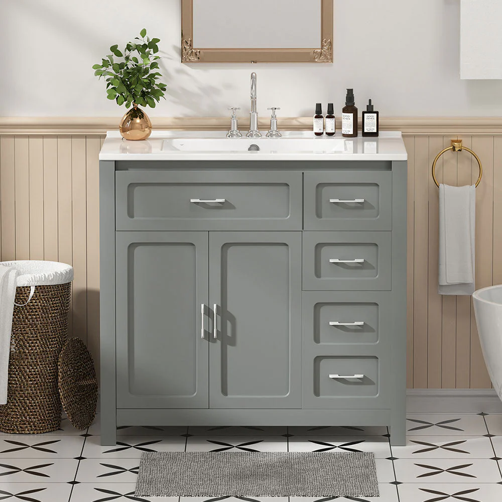 Sigsoul 36 Inch Bathroom Vanity | Gray Freestanding Cabinet with Ceramic Sink - Image 3