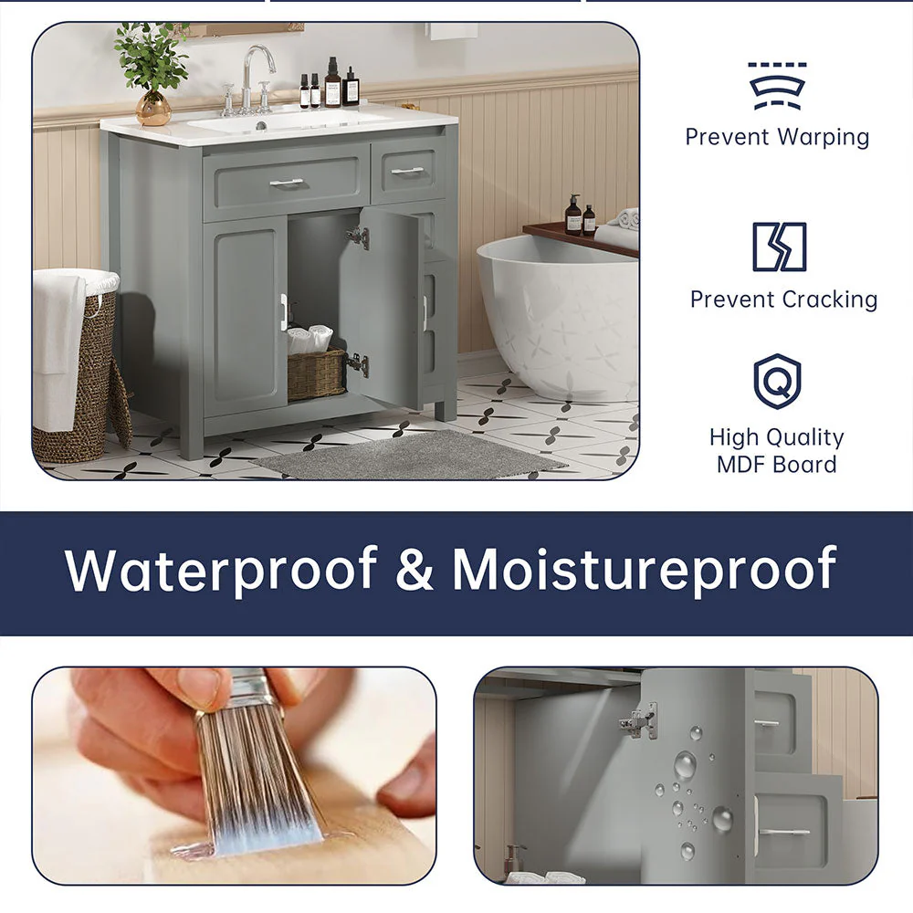 Sigsoul 36 Inch Bathroom Vanity | Gray Freestanding Cabinet with Ceramic Sink - Image 5
