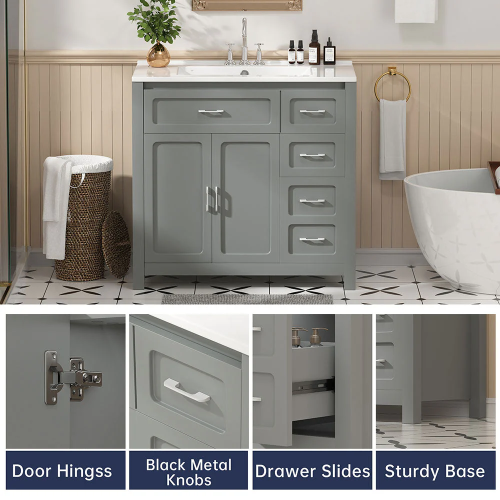 Sigsoul 36 Inch Bathroom Vanity | Gray Freestanding Cabinet with Ceramic Sink - Image 6