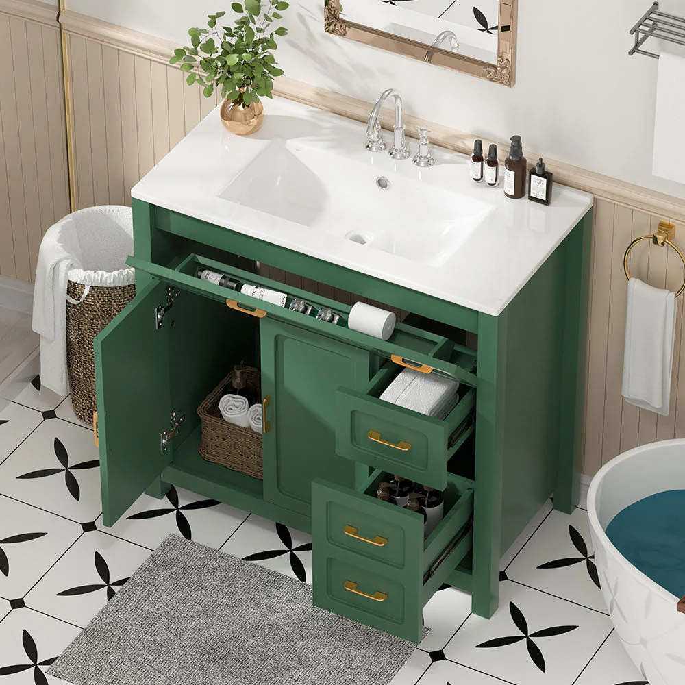 Sigsoul 36 Inch Bathroom Vanity | Green Freestanding Cabinet with Ceramic Sink - Image 3