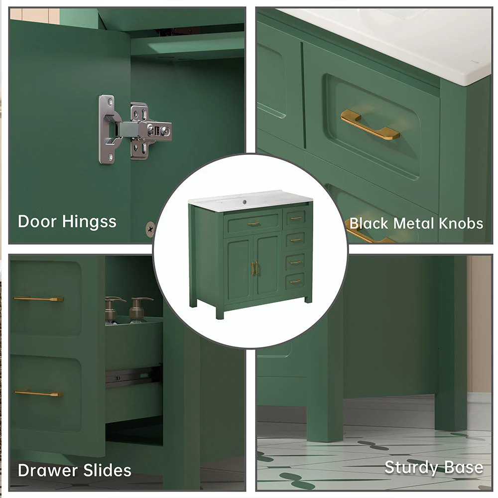 Sigsoul 36 Inch Bathroom Vanity | Green Freestanding Cabinet with Ceramic Sink - Image 6