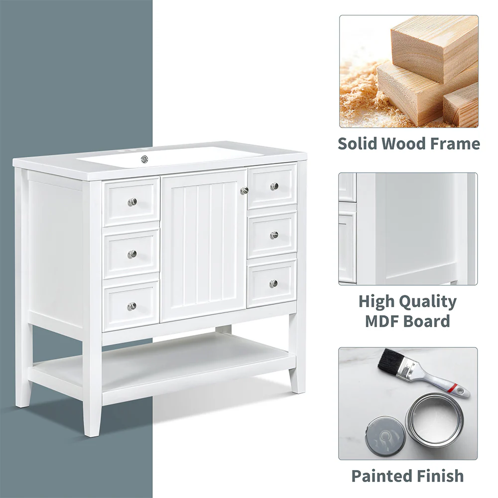 Sigsoul 36 Inch Bathroom Vanity White | 3 Drawers 1 Door 1 Shelf - Image 11