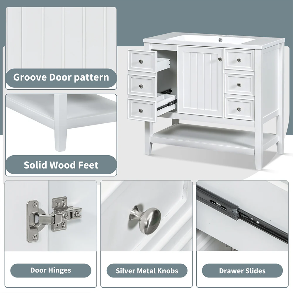 Sigsoul 36 Inch Bathroom Vanity White | 3 Drawers 1 Door 1 Shelf - Image 12