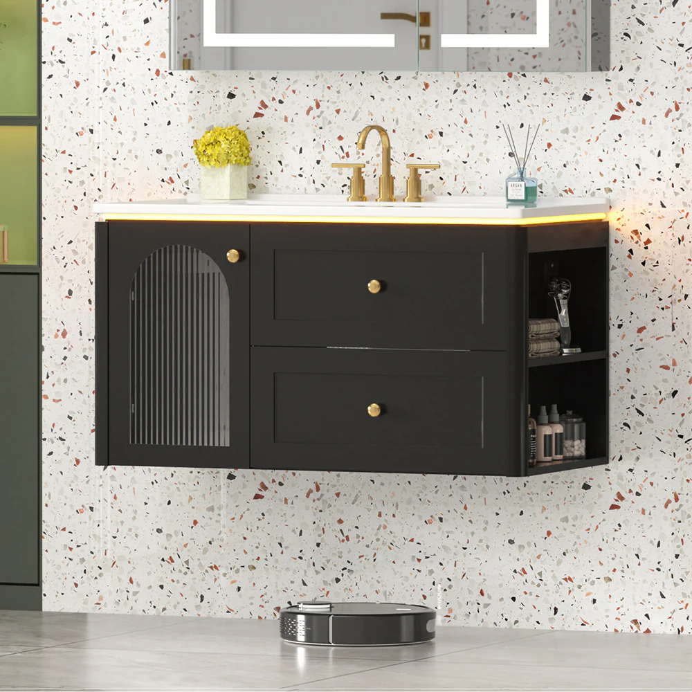 Sigsoul 36 Inch Floating Vanity Black | LED Light & 1 Door 2 Drawers 2 Open Side Shelves - Image 3