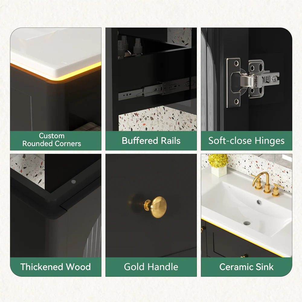 Sigsoul 36 Inch Floating Vanity Black | LED Light & 1 Door 2 Drawers 2 Open Side Shelves - Image 5