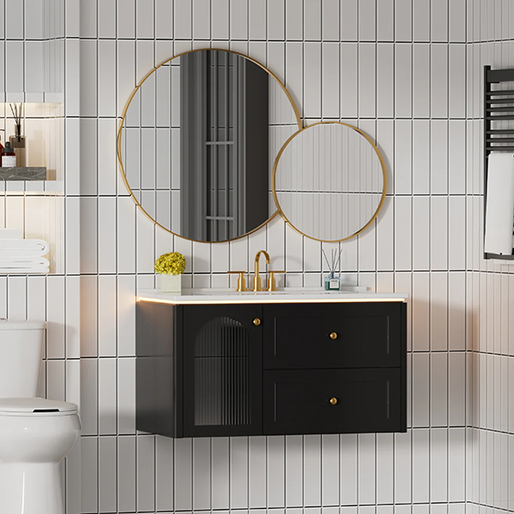 Sigsoul 36 Inch Floating Vanity Black | LED Light & 1 Door 2 Drawers 2 Open Side Shelves - Image 6