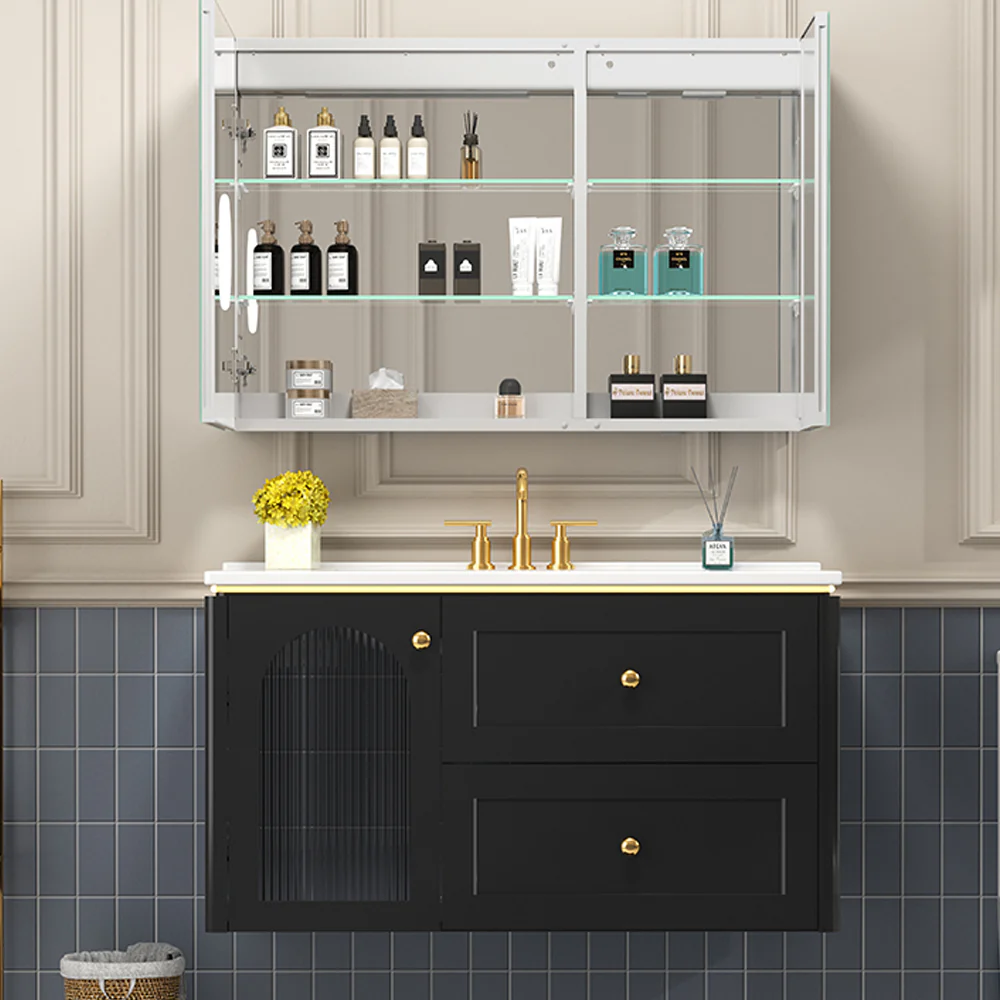 Sigsoul 36 Inch Floating Vanity Black | LED Light & 1 Door 2 Drawers 2 Open Side Shelves - Image 7
