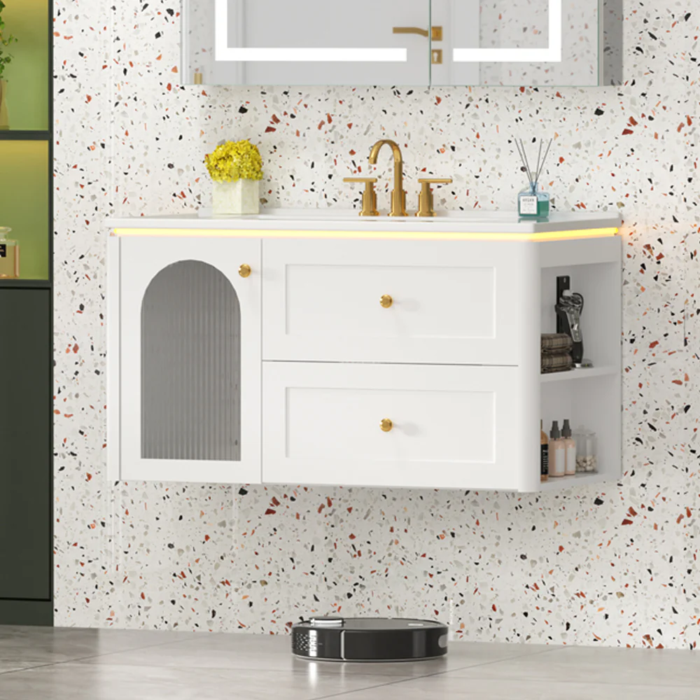 Sigsoul 36 Inch Floating Vanity White | LED Light & 1 Door 2 Drawers 2 Open Side Shelves - Image 3