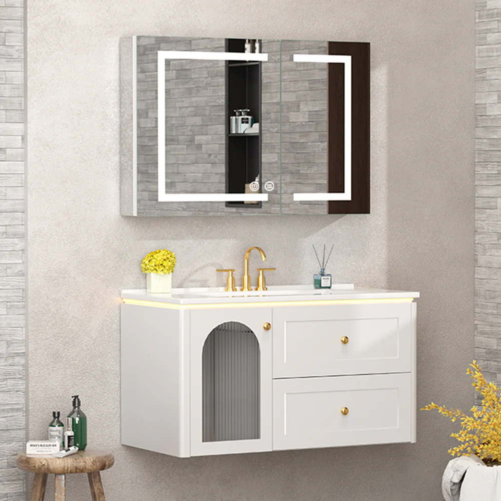 Sigsoul 36 Inch Floating Vanity White | LED Light & 1 Door 2 Drawers 2 Open Side Shelves - Image 6