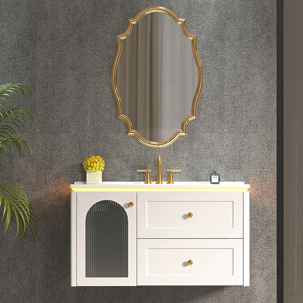 Sigsoul 36 Inch Floating Vanity White | LED Light & 1 Door 2 Drawers 2 Open Side Shelves - Image 7