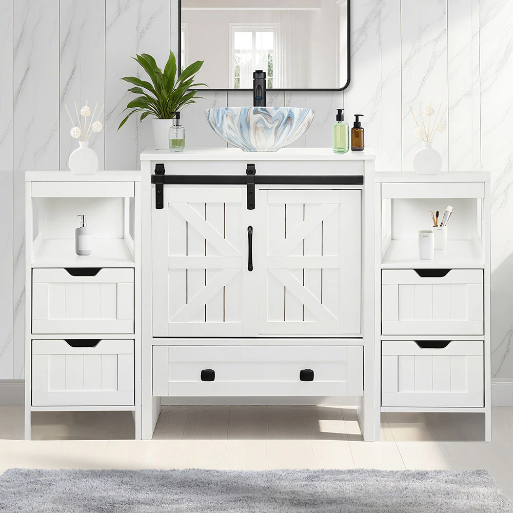 Sigsyl 48 Inch Vessel Sink Vanity | 2 Side Cabinets & Faucet Kit - Image 17