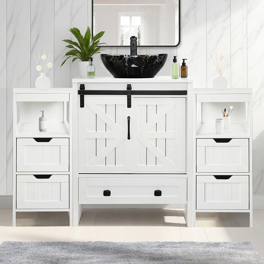 Sigsyl 48 Inch Vessel Sink Vanity | 2 Side Cabinets & Faucet Kit - Image 9