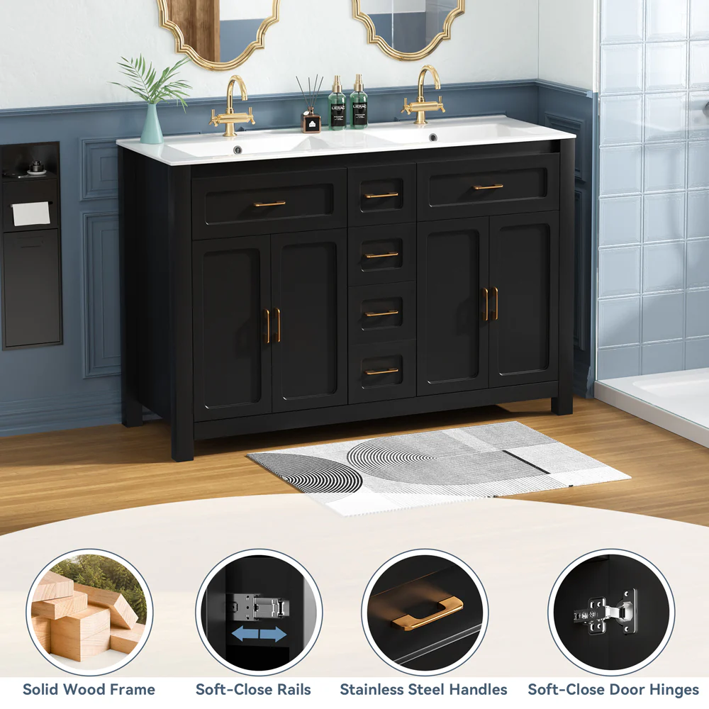 Sigsoul 48 Inch Double Sink Vanity Black | 2 Tip-out Trays 2 Drawers 4 Doors - Image 3