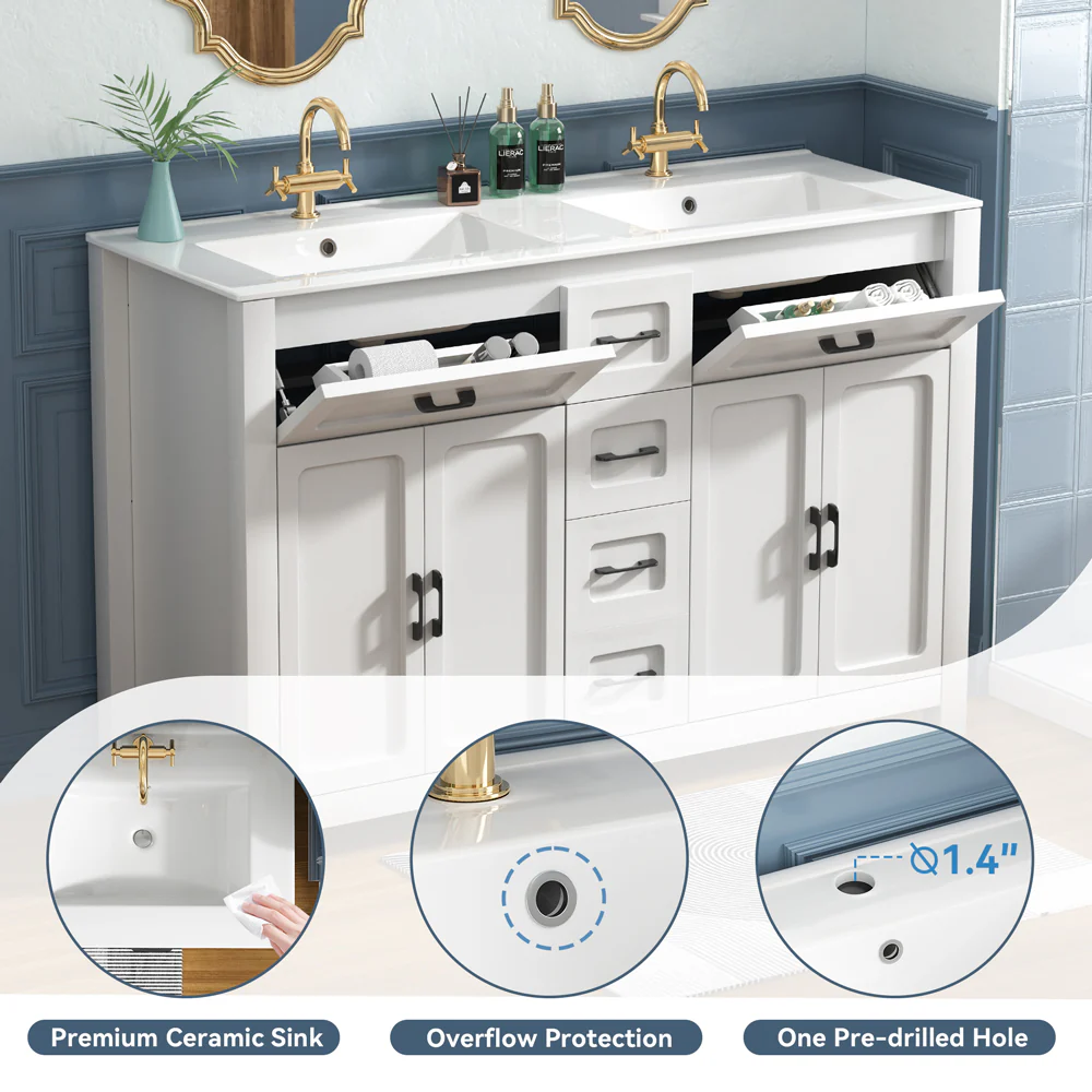 Sigsoul 48 Inch Double Sink Vanity White | 2 Tip-out Trays 2 Drawers 4 Doors - Image 3