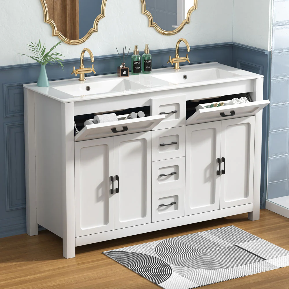 Sigsoul 48 Inch Double Sink Vanity White | 2 Tip-out Trays 2 Drawers 4 Doors - Image 5