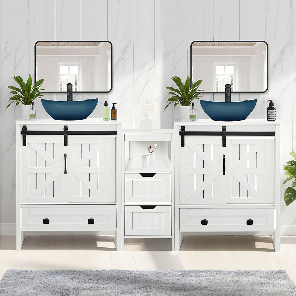 Sigsyl 60 Inch Double Vessel Sink Vanity | with Side Floor Storage Cabinet & Faucets - Image 11