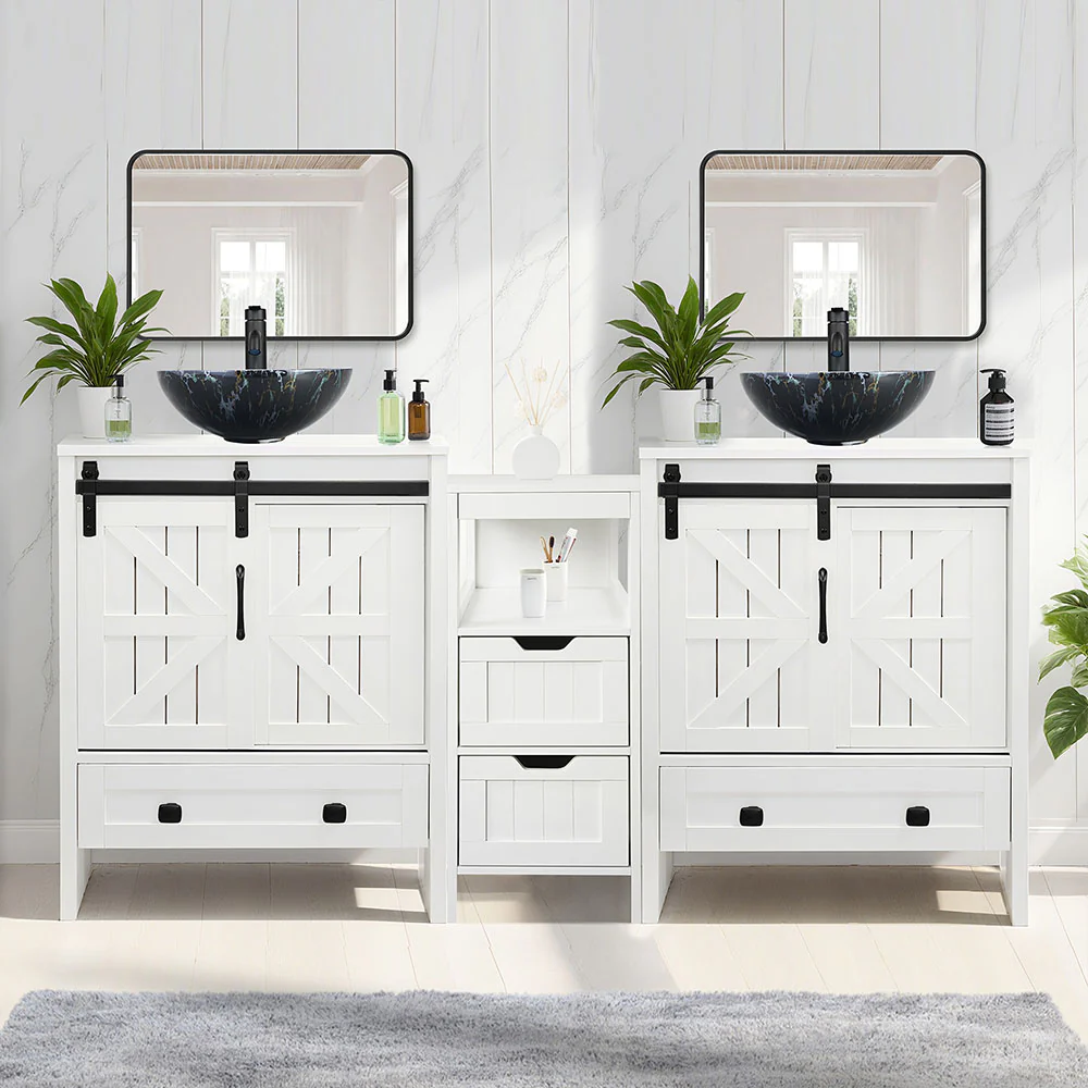 Sigsyl 60 Inch Double Vessel Sink Vanity | with Side Floor Storage Cabinet & Faucets - Image 15