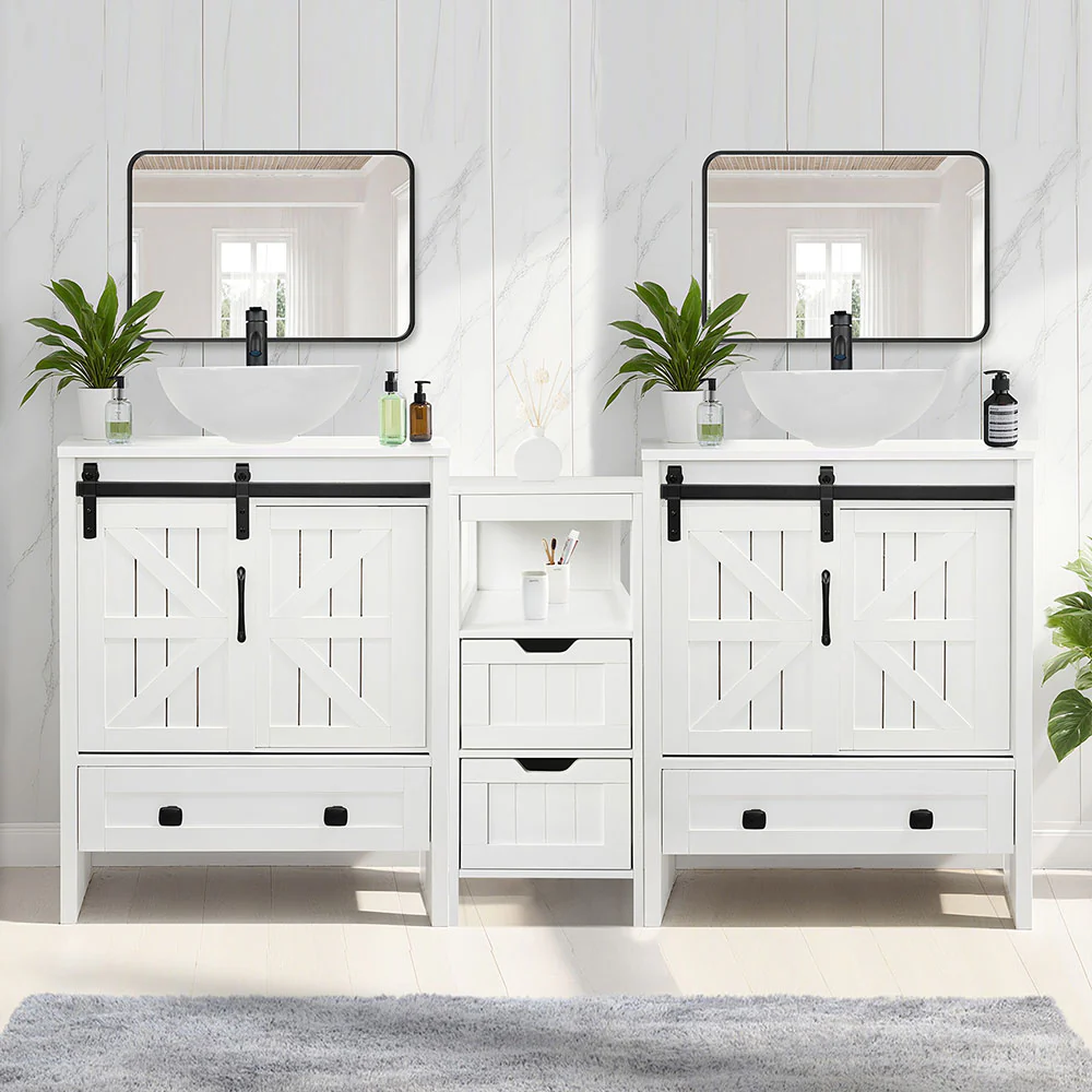 Sigsyl 60 Inch Double Vessel Sink Vanity | with Side Floor Storage Cabinet & Faucets - Image 19