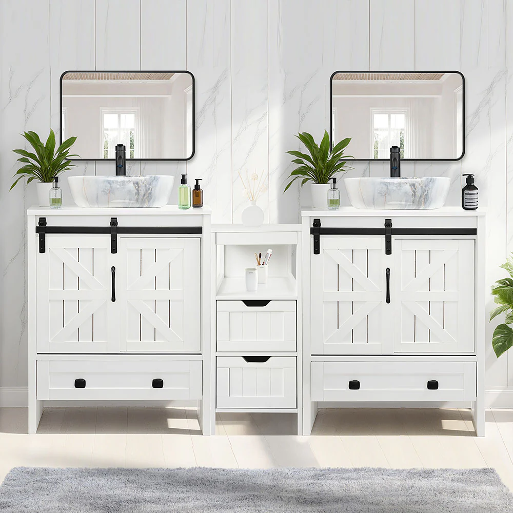 Sigsyl 60 Inch Double Vessel Sink Vanity | with Side Floor Storage Cabinet & Faucets - Image 5