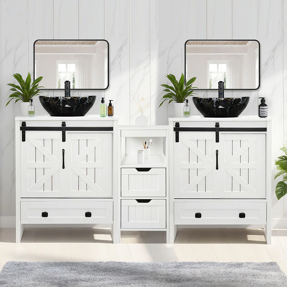 Sigsyl 60 Inch Double Vessel Sink Vanity | with Side Floor Storage Cabinet & Faucets - Image 7