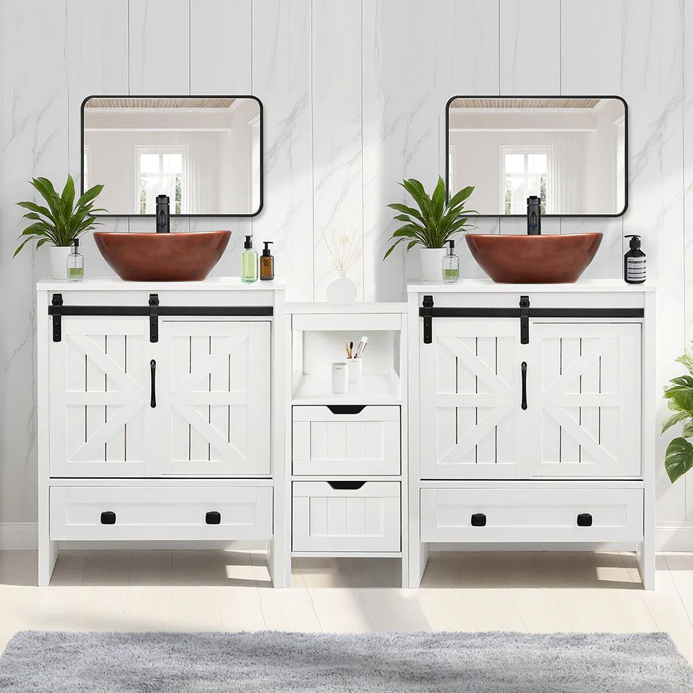 Sigsyl 60 Inch Double Vessel Sink Vanity | with Side Floor Storage Cabinet & Faucets - Image 9
