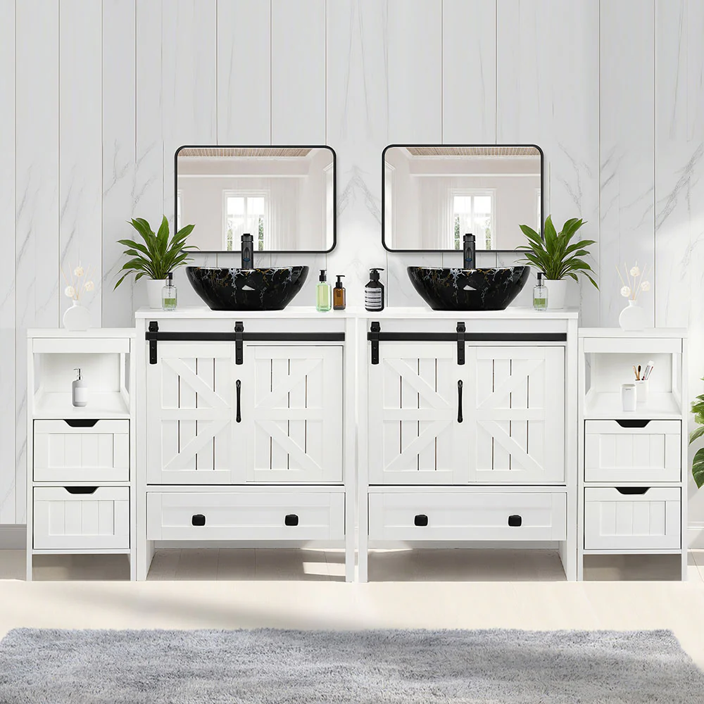 Sigsyl 72 Inch Double Vessel Sink Vanity | with 2 Side Floor Cabinets & Faucets - Image 7