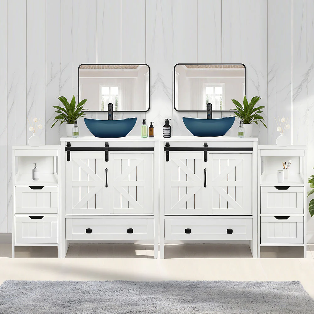 Sigsyl 72 Inch Double Vessel Sink Vanity | with 2 Side Floor Cabinets & Faucets - Image 9
